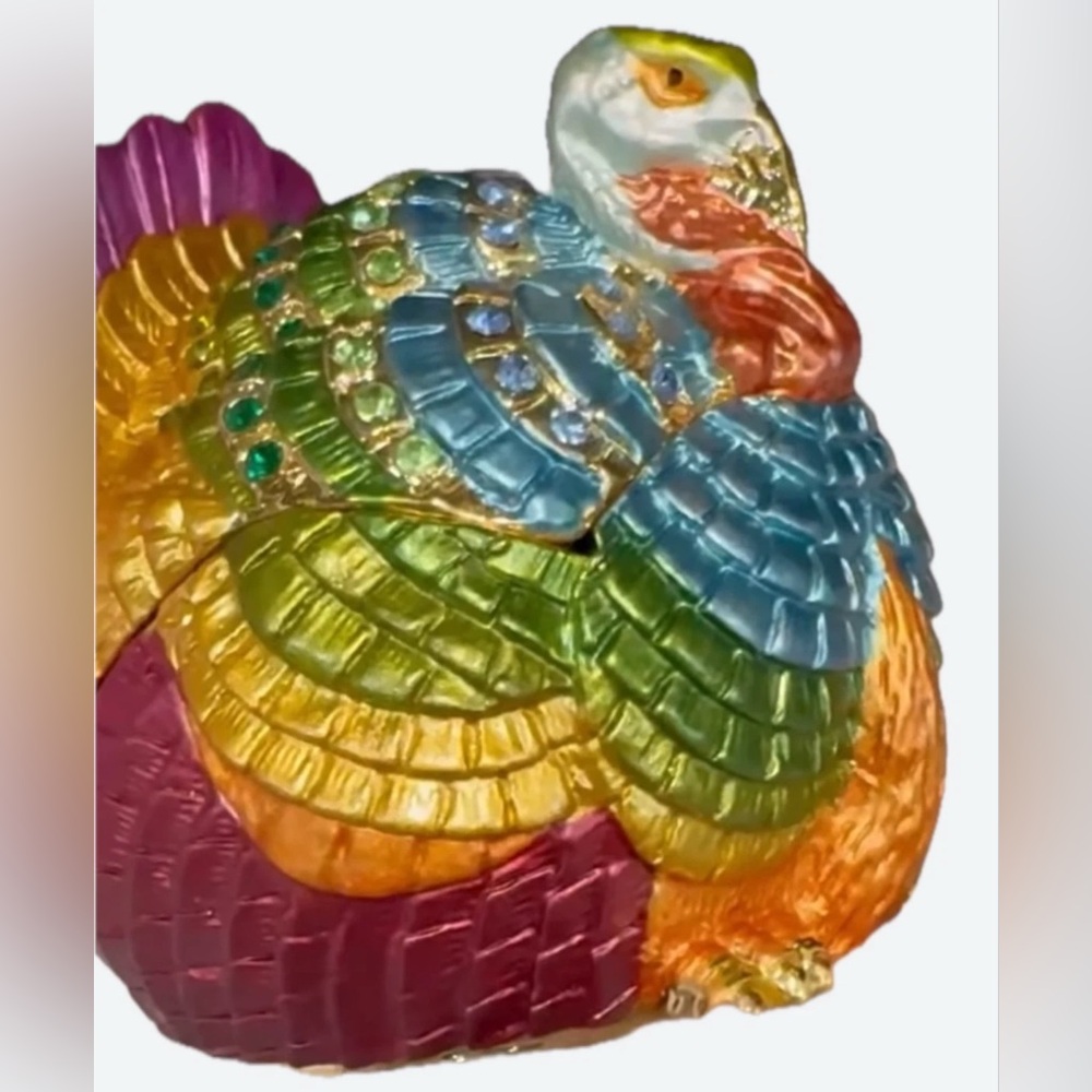 Mini Turkey Trinket Box/Handpainted Enamel/Swarowski Crystals/Pewter 24Kt coated